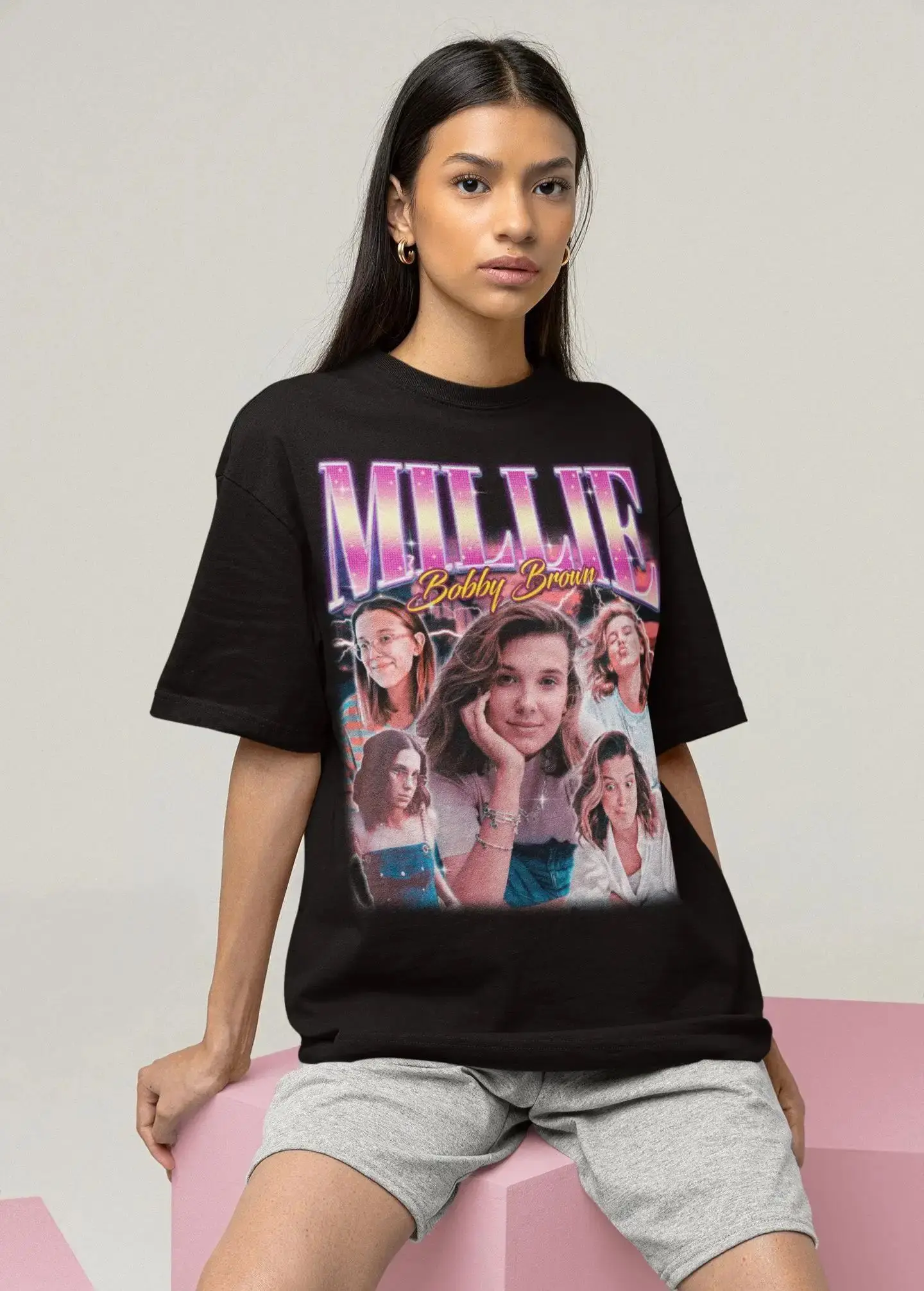 Camisetas de moda Y2k, camiseta con estampado de Millie Bobby Brown, ropa informal holgada de verano para hombres y mujeres, ropa de calle Unisex