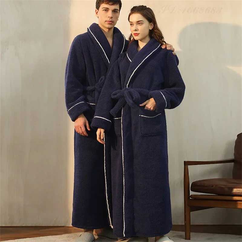 Autumn Winter Couple Sleepwear Thicken Coral Fleece Long Robe Warm Female Home Clothes Bathrobe Gown Loose Flannel Lounge Wear