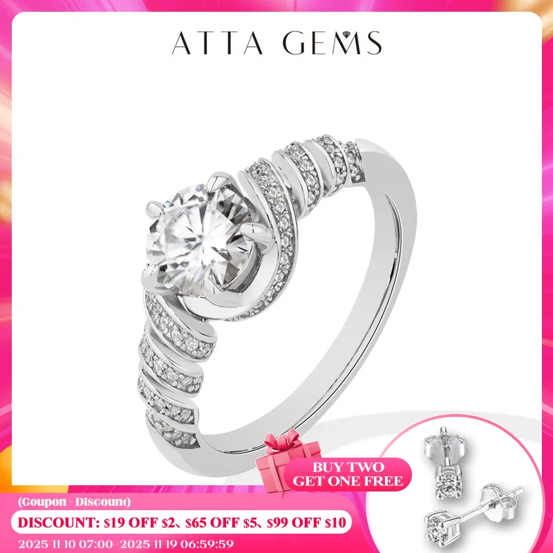 

ATTAGEMS 925 Sterling Silver Moissanite Luxury Women Ring 1.0CT DVVS1 Classical Band Engagement Wedding Fine Jewelry Accessories