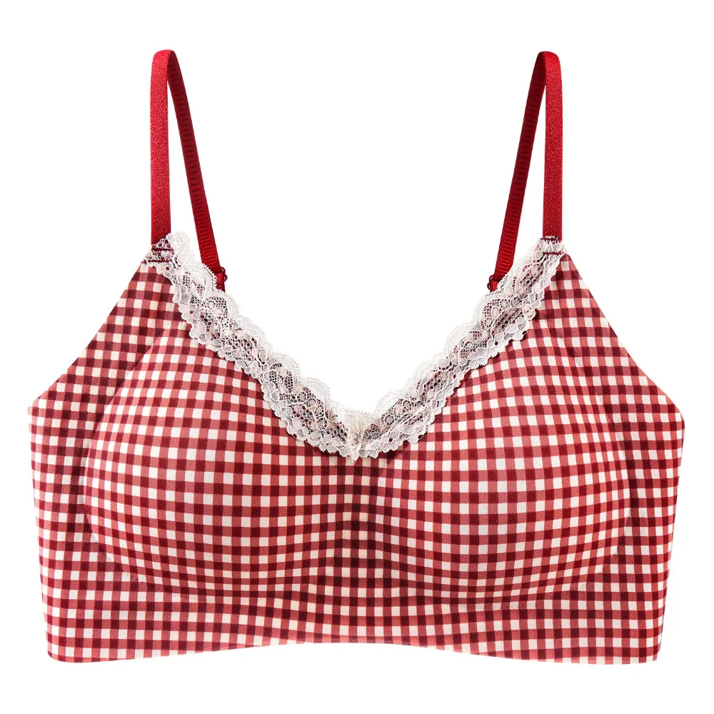 

Traceless Lace Wireless V Bra Flower Bow Grid Pattern Lace Floral Print Bra Lingerie Gathered Breasts Seamless Bras Yoga