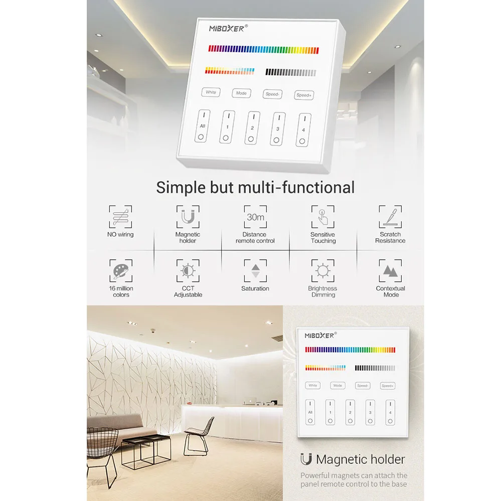 Miboxer RGB Touch Smart Panel RGBW lamp LED Controller CCT/Single color Strip Remote Switch 4/8 Zones RGB+CCT Down Light dimmer