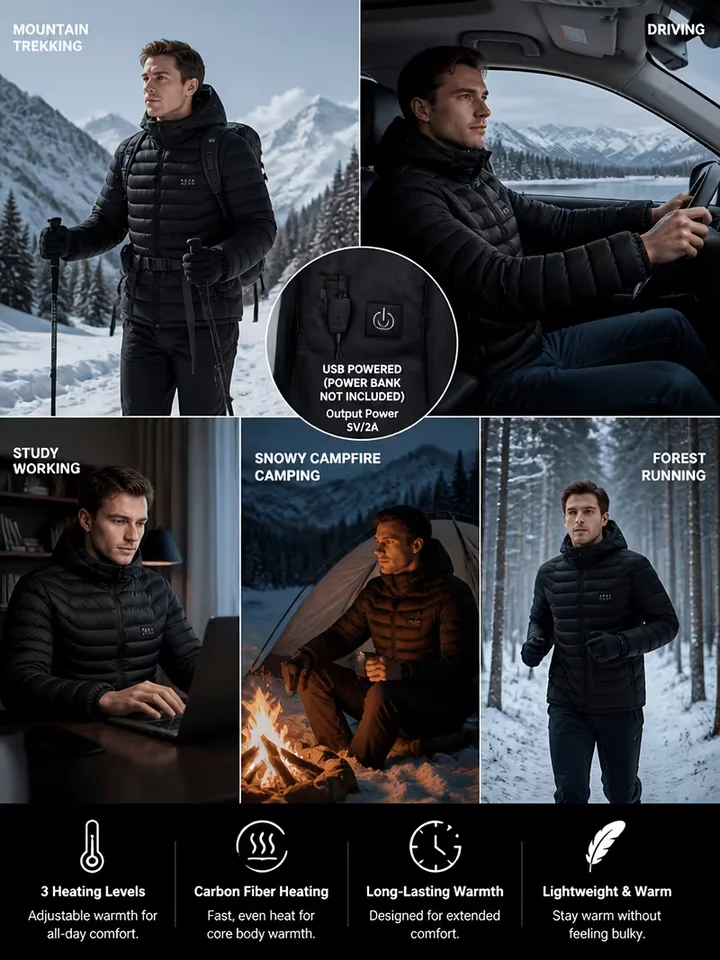 Men's Intelligent Heating Jacket 39 Heating Zones Four Temperature Control Settings Outdoor Cold Resistance Winter Hat Included (Battery Not Included), image 7