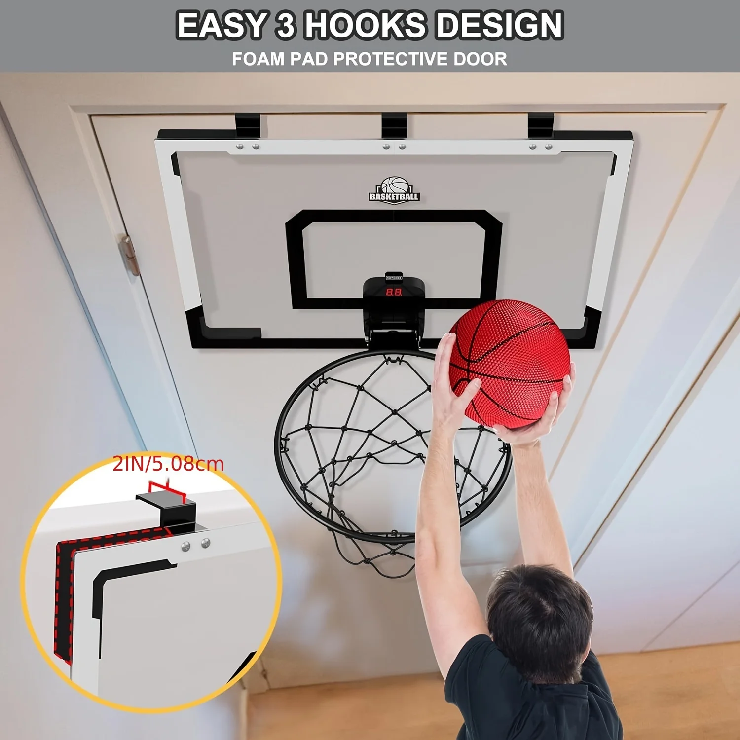 MQUDUO Large Over Door Basketball Hoop Set with Electronic Scoreboard, Spring Loaded Rim, Balls and Pump for Slam Dunk Training