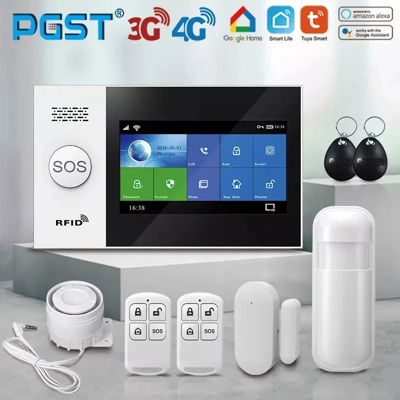 PGST 4G PG107 Tuya Wireless Home WIFI GSM Home Security With Motion Detector Sensor Burglar Alarm System Support Alexa & Google