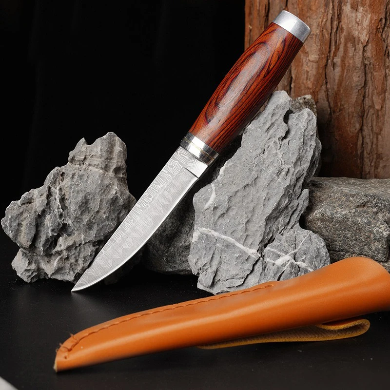 Wooden Handle Damascus Pattern Pocket Knife Outdoor Survival Cutting Tools BBQ Meat Cleaver Knife Portable Small Straight Knife