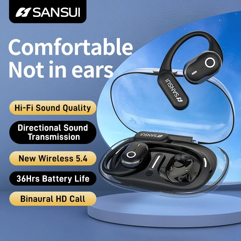 Sansui W26 OWS ENC Noise Cancelling bluetooth open Ear hook Bicycles Motorcycles Online Courses Office wireless earphone headset