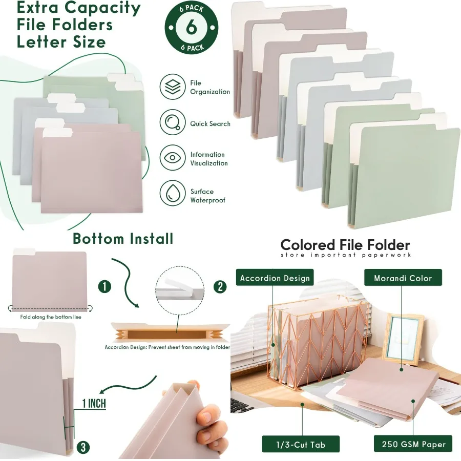 6 pacotes de pastas de arquivo decorativas de acordeão tamanho carta de capacidade extra com aba de 1/3 cortes para escritório, escola, casa, organização de mesa