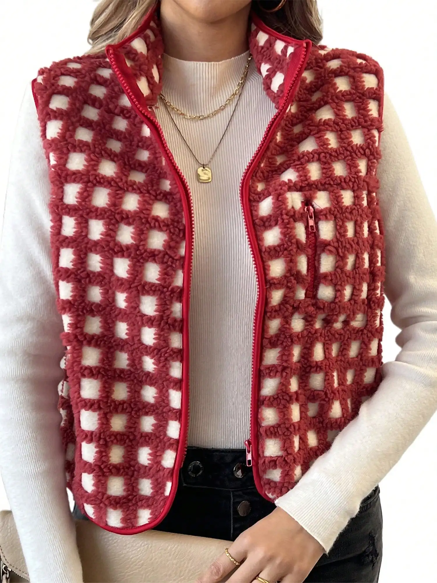 

Womens Fuzzy Checkered Vest Sleeveless Stand Collar Zip Up Vest Jacket Winter Warm Outwear
