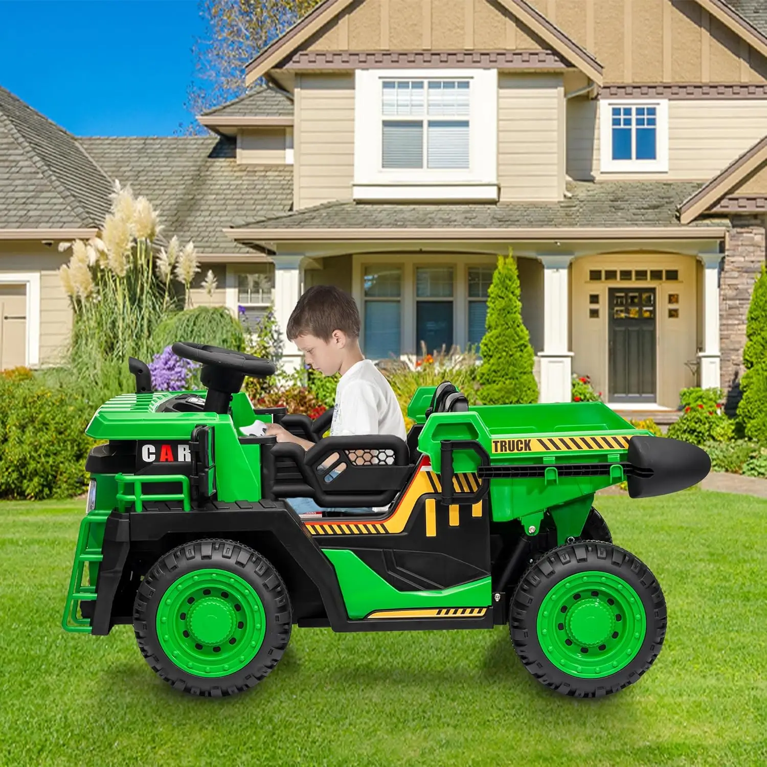 Camión volquete para niños de 24 V, 2 plazas con control remoto parental, 4,35 MPH y 4WD, cama volquete eléctrica + pala para construcción al aire libre
