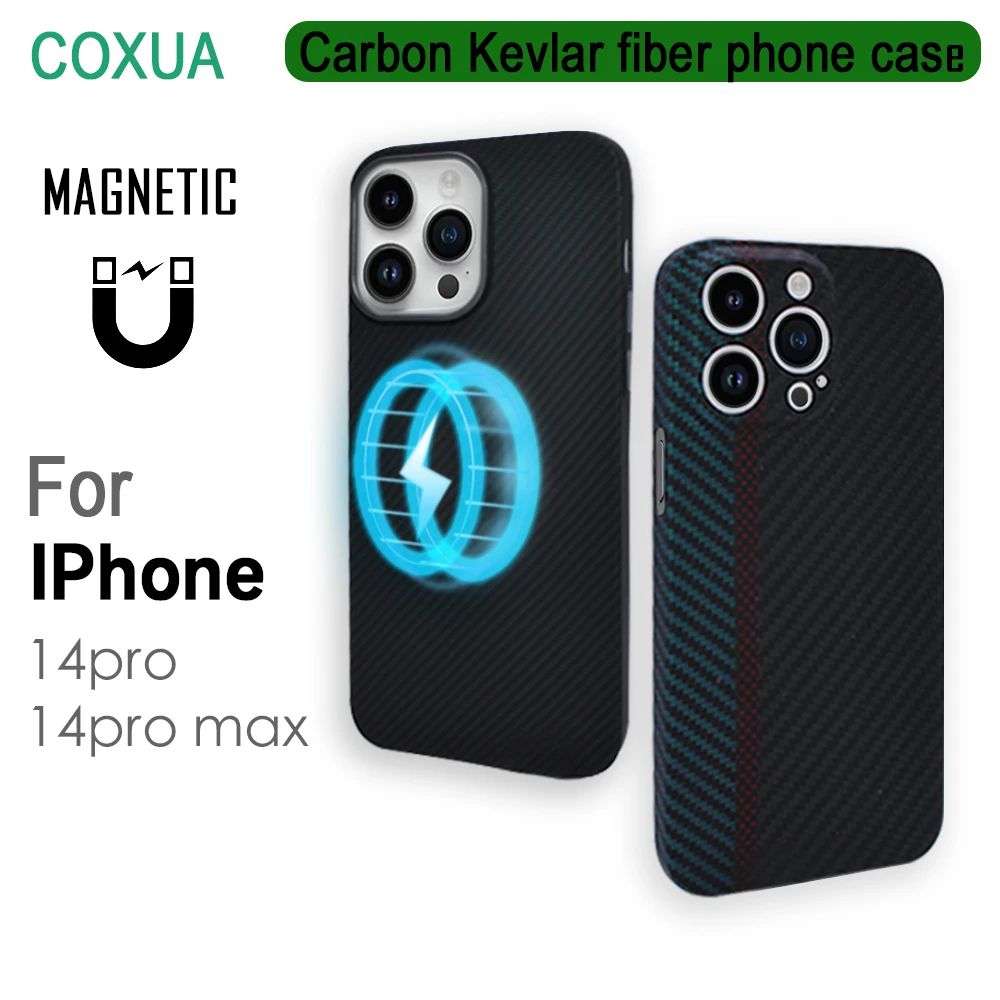 

100% Kevlar Aramid Carbon Fiber Case for iPhone 14 Pro Max/14 pro Magsafe Luxury Cover Magnetic Ultra-Thin Phone Back Case