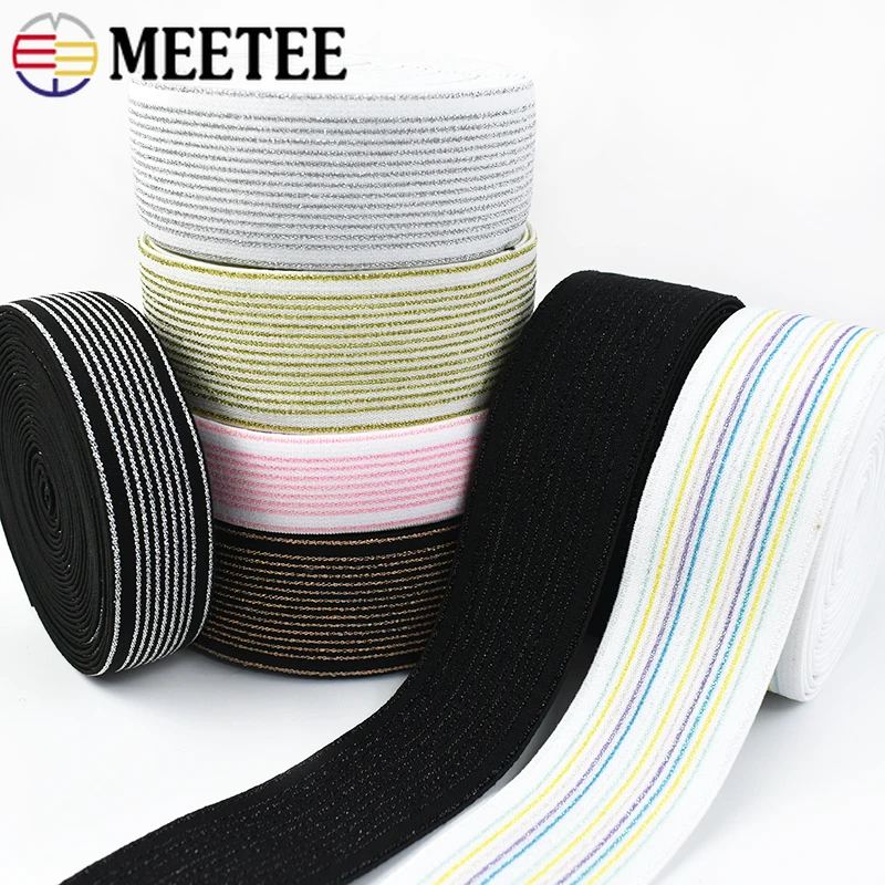 

2/5/10M Meetee 25/40mm Gold Silver Silk Colored Elastic Band Stripe Bright Silks Rubber Bands Skirt Elasticity Pants Belt Sewing