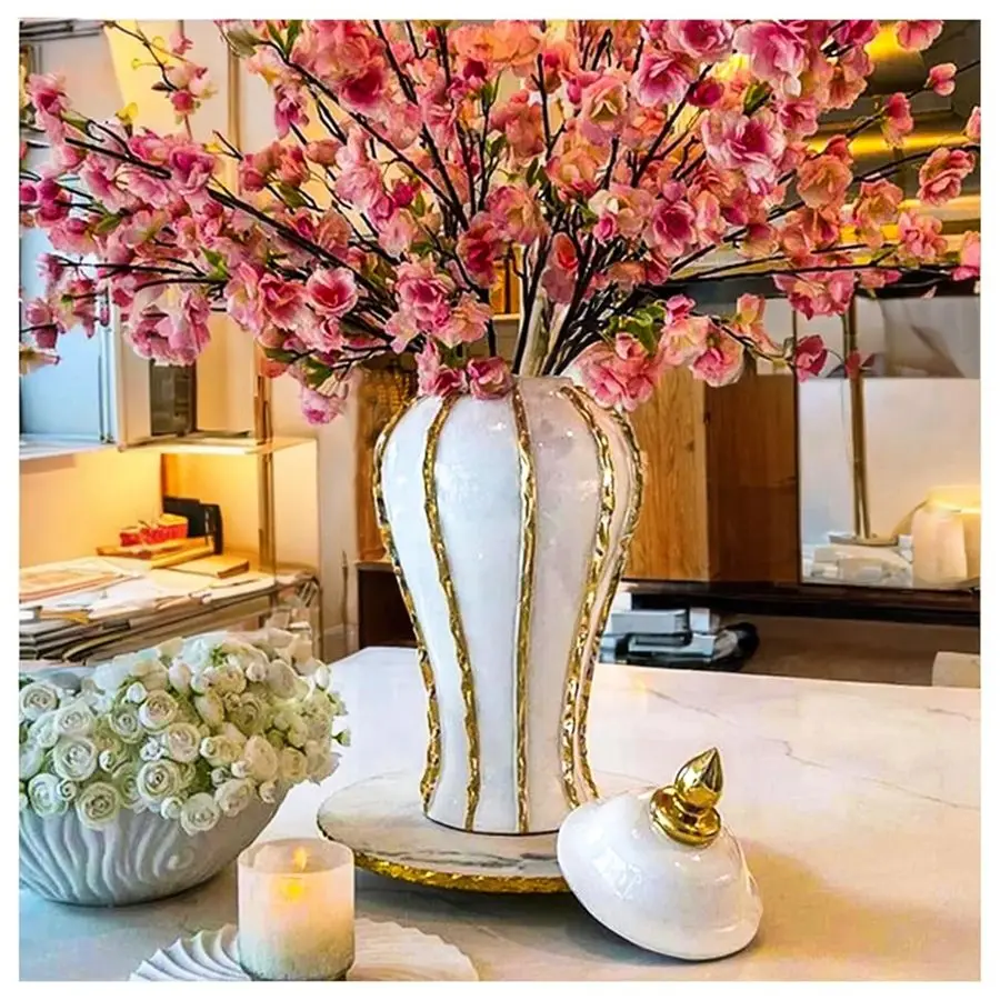 

Jar, White Gold Ceramic Vase Large Handmade Porcelain Vases with Lid, White Gold Decorative Flower Vase for Home, Living Room, W
