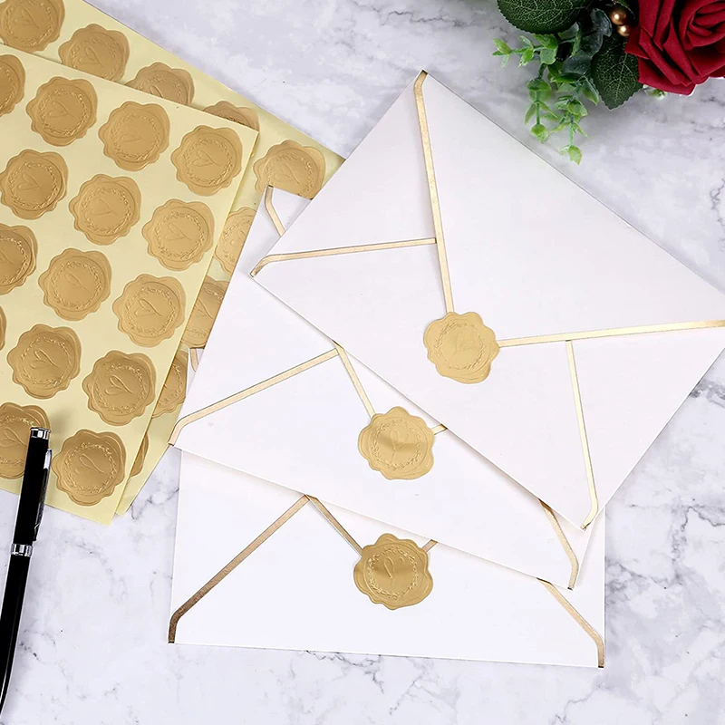 Adesivos de envelope dourado, selo de coração em relevo, autoadesivo para cartões, convites, presentes – 5 ou 10 folhas