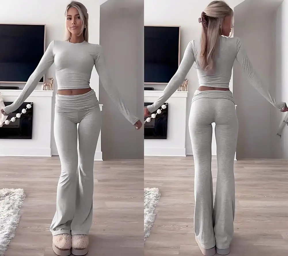 Casual Workout Two Piece Outfits Long Sleeve High Waist Fold-over Flare Flared Leggings Pants Tracksuit Sets Streetwear