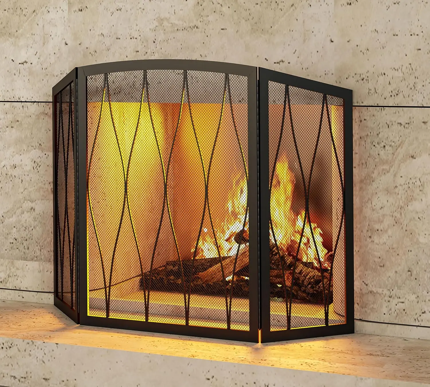 Childproof Fireplace Screen 3- Panel Modern Handcrafted Wrought Iron Foldable Metal Mesh, Heavy Duty Decorative Fireplace Sp
