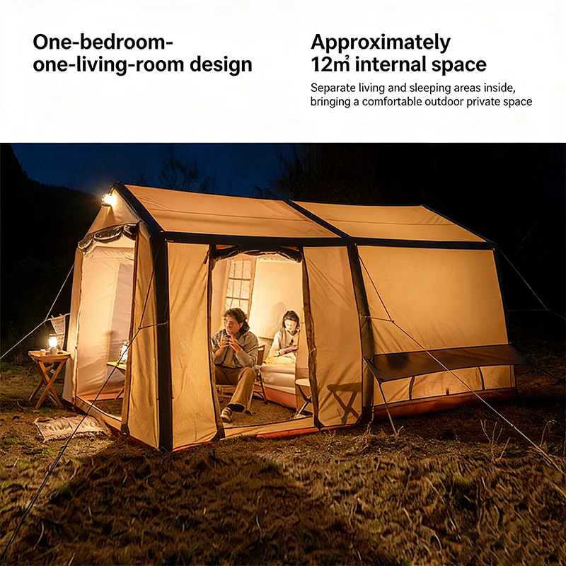 12 Square Meters Waterproof Four-Season Camping Inflatable Tent Double Layer Thick Cotton Fabric Spacious Design Large Area Roof