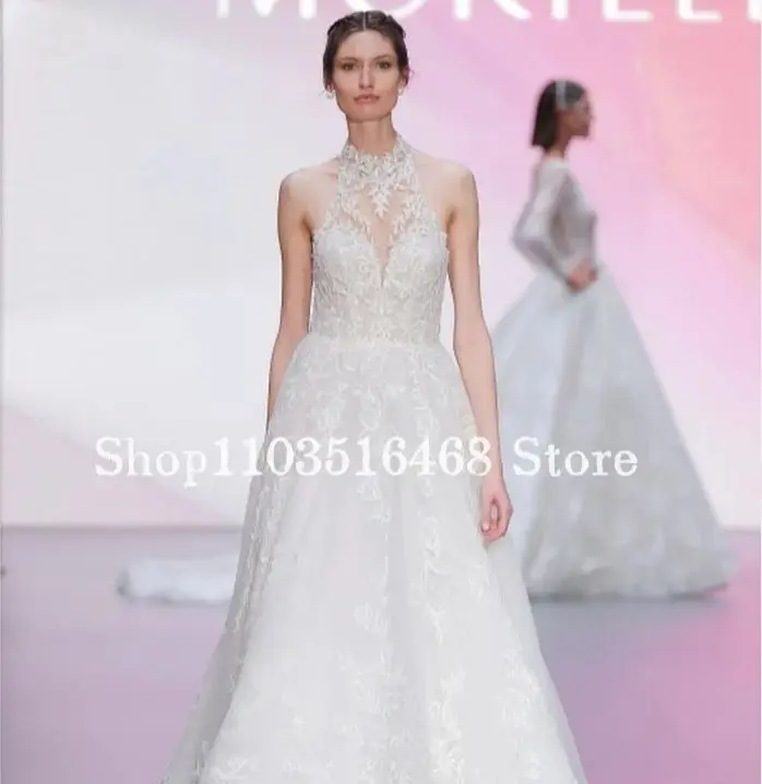 

Elegant High Neck Formal Wedding Dresses White Sexy Sleeveless Appliqued A-Line Customised Bridal Vestidos Novias Boda Custom