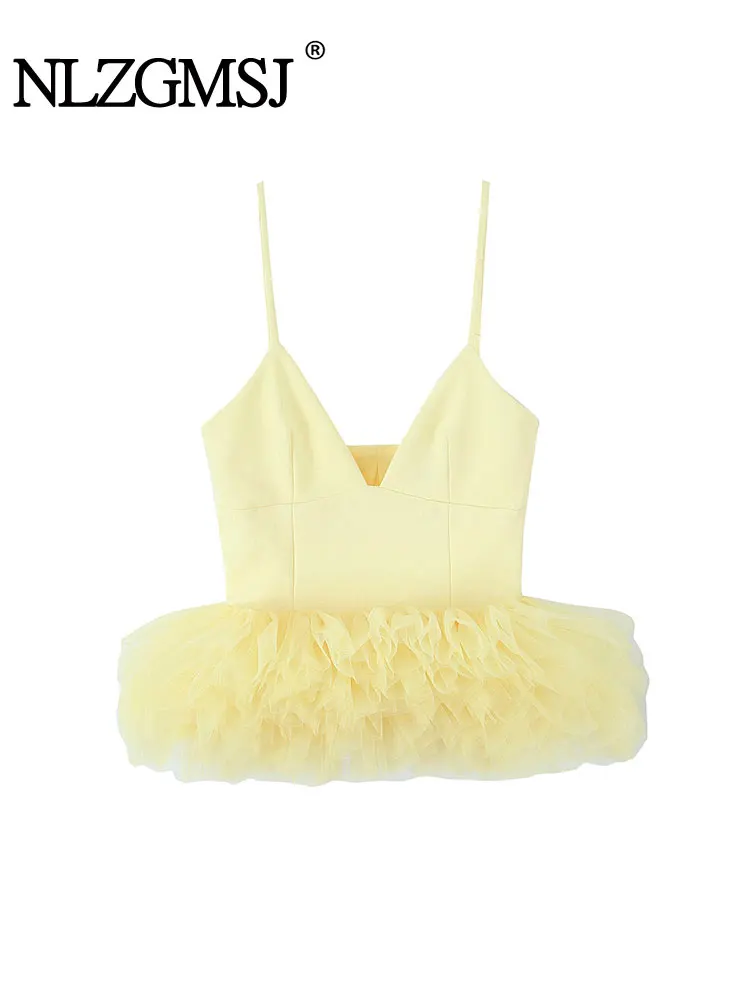 

2025 Summer Tops Fashion Fluffy Hem Crop Top Woman Solid Sleeveless Short Tops For Women Elegant Party Tops ﻿