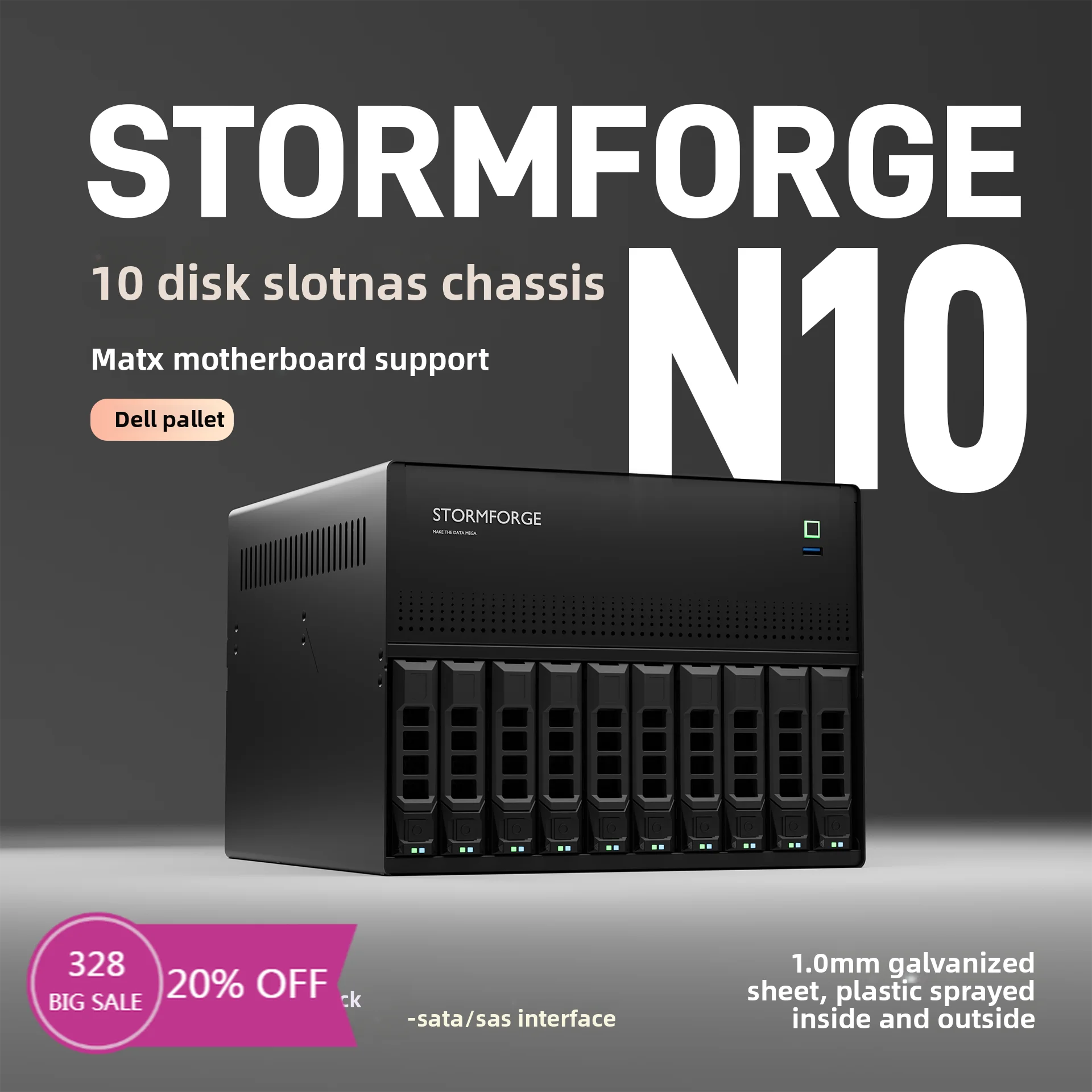 N10 NAS chassis with 10+2 disk slots, MAITX motherboard, black