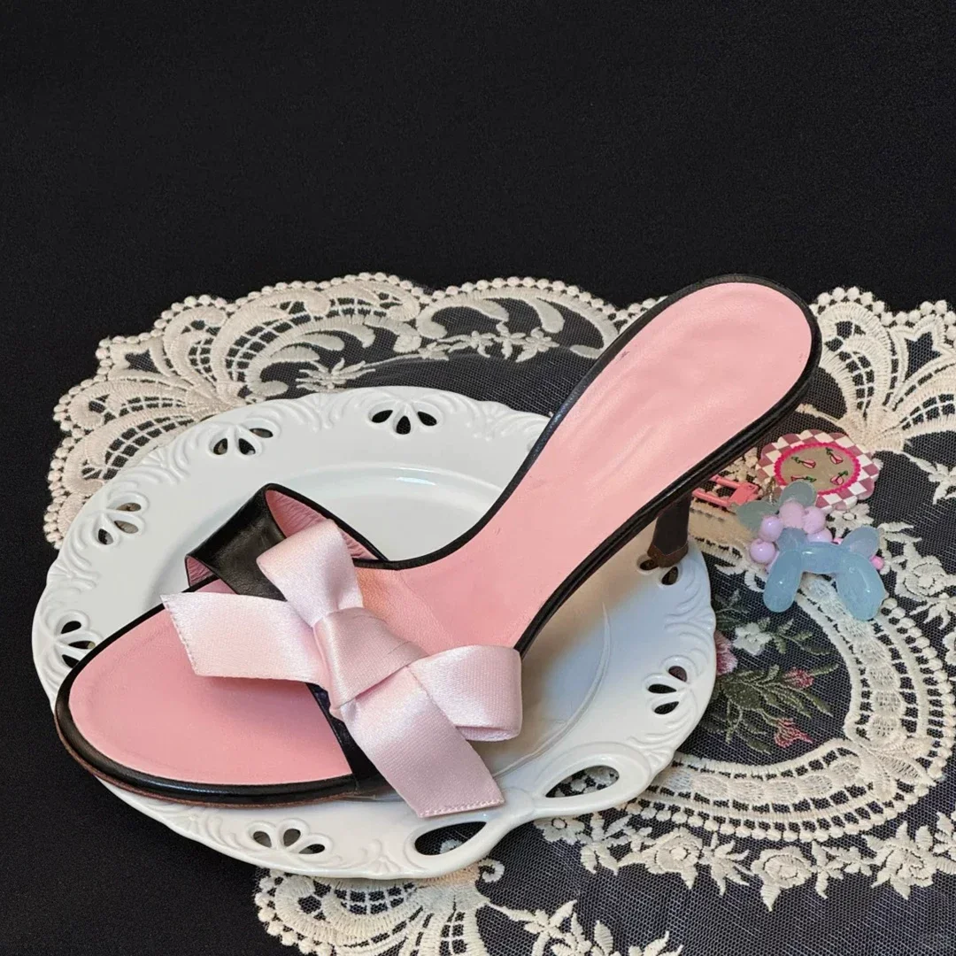 Sweet Black Pink Mixed colors Thin Heel Slippers Satin Bowknot Round Head Open Toe Slip-on Sandals Women Daily Causal High Heels