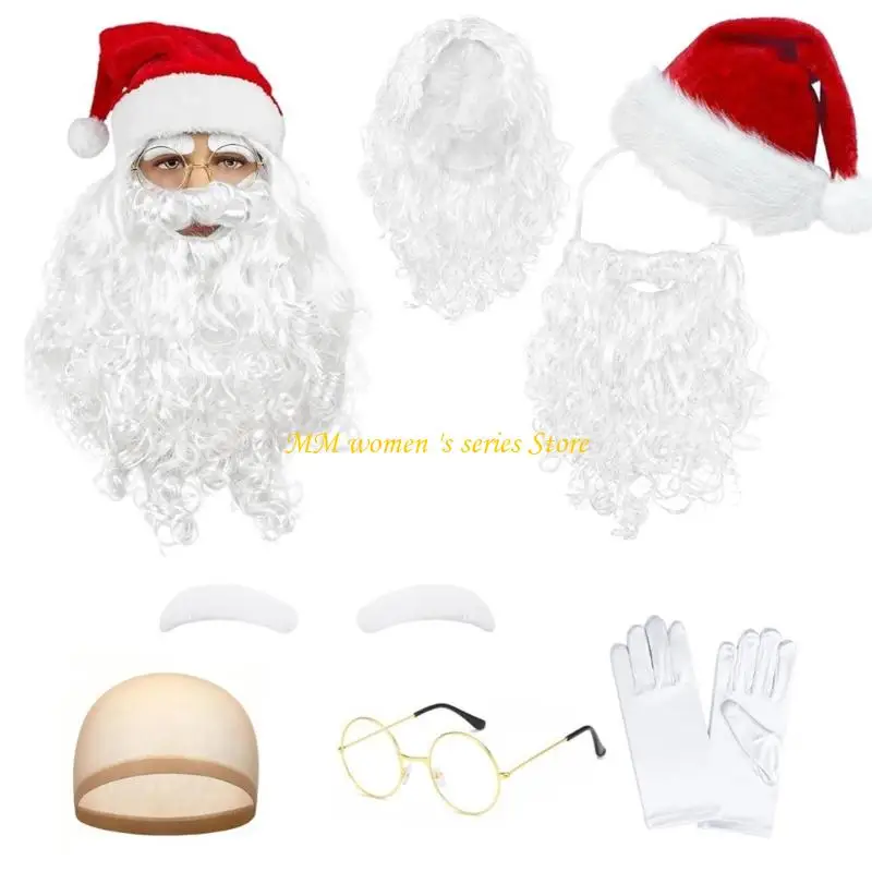 Q39C Weihnachtsmann-Outfit, 7-teilig, kompletter Hutbart für Feiern