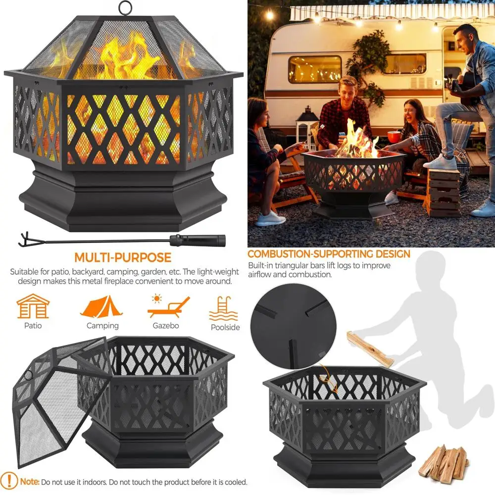 

Outdoor Hexagonal Wood Burning Fire Pit for Patio, Picnic, and BBQ with Firestarter, Suitable for Bonfire and Fireplace Experien
