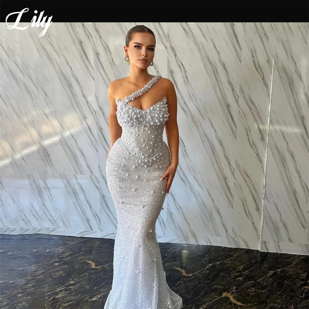 

Lily White Evening Gown Asymmetrical Neckline Prom Dress with Pearls Wedding Evening Dress Sequin robes de soirée Customized