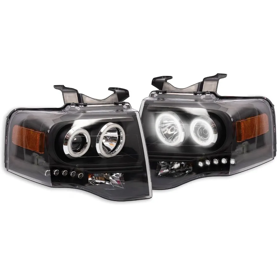 2 Piece Headlight Assembly Set with Enhanced Performance Halogen Bulbs and LED Halo Rings Black Bezel Design for Driver and Pas