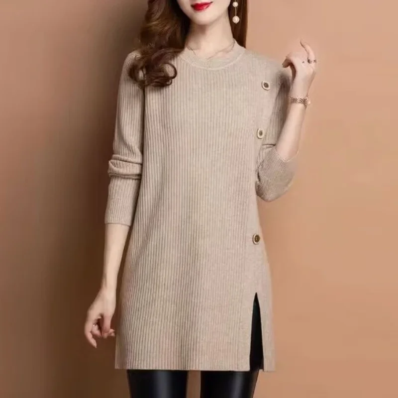 

Women's New Spliced pullover Round Neck Button Slit Fashionable Solid Color Slim Versatile Casual Long-sleeved Knitted Top