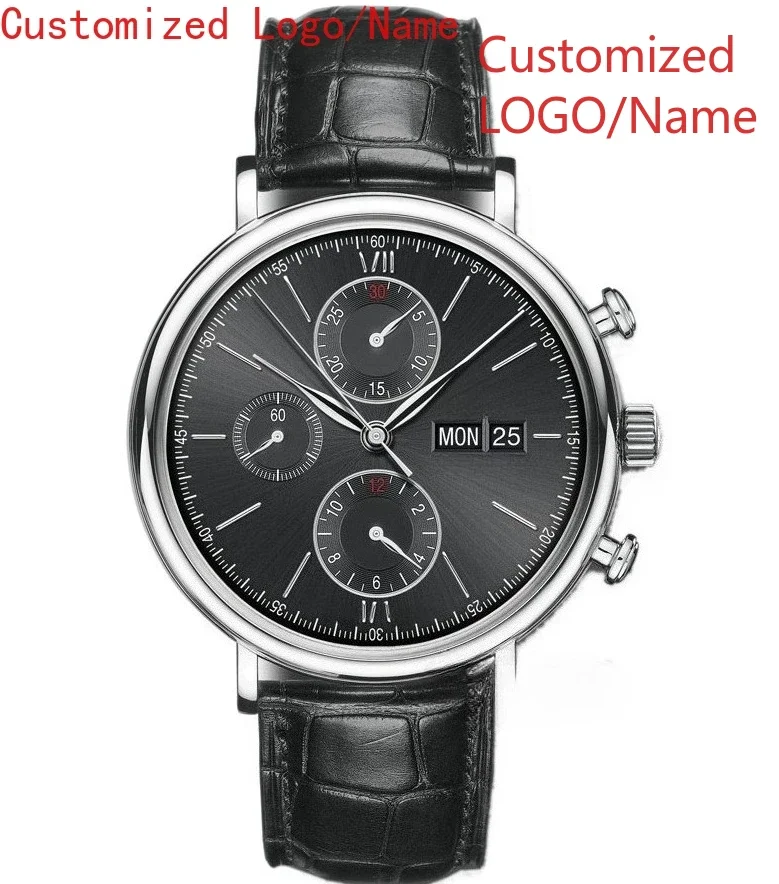Calendário mostrador romano safira luxo novos homens relógio mecânico automático de aço inoxidável preto azul relógios de couro personalizado