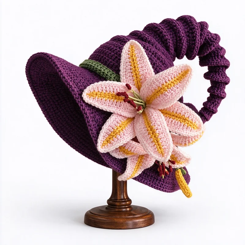 Handmade Colorful Pointed Witch Wizard Hat Custom Crochet Plush Floral Decor Beanie Women Cosplay Party Festival Photo Prop Caps
