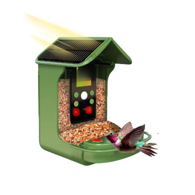 

Solar-powered outdoor night vision with camera automatically captures smart bird feeder