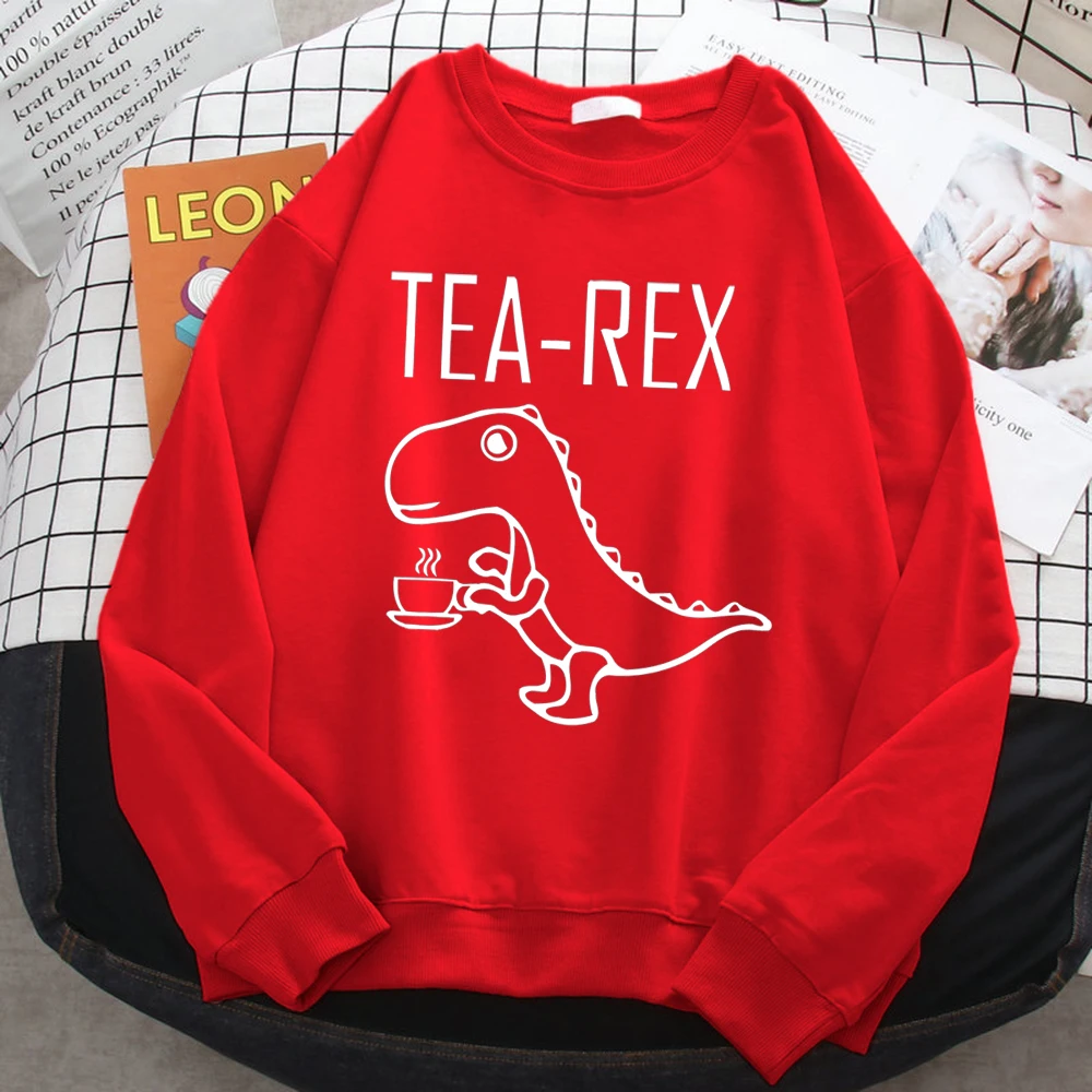 Street Trend Women\'S Sweatshirt Tea Rex Funny Dinosaur Drink Coffee Print Hoodies Loose Warm Pullovers Crewneck Fleece Clothes