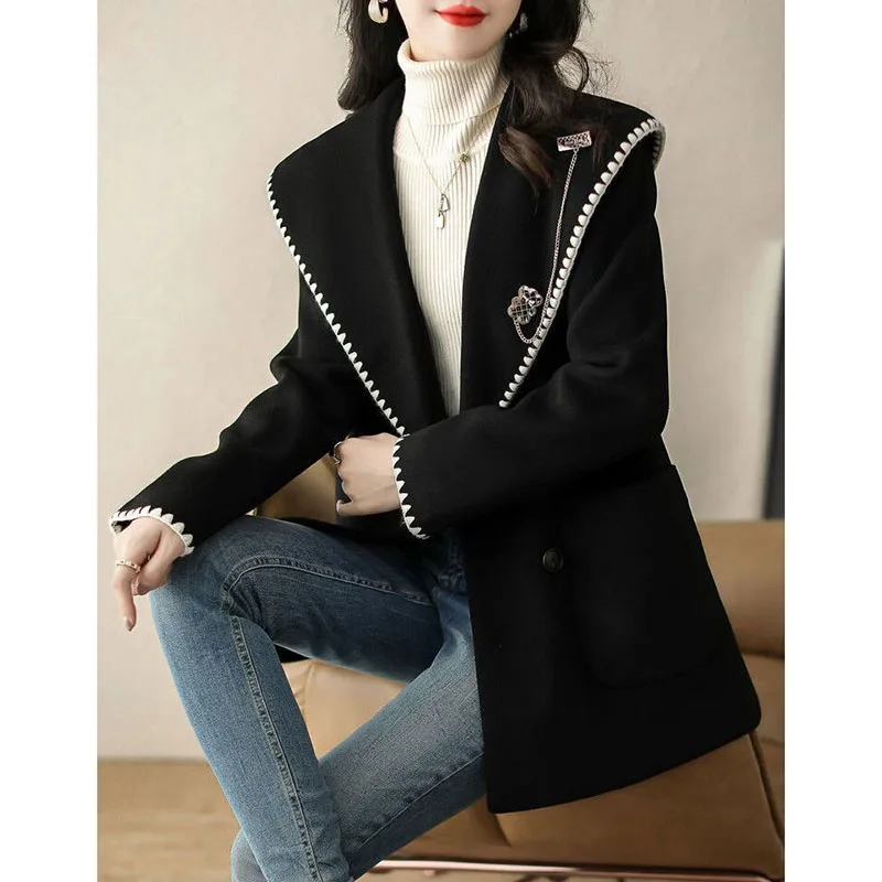 Spring New High-Grade Woolen Coat Female Fashion Korean Suit Jacket Black Casual Office Professional Womens wear Trench Coat 4XL