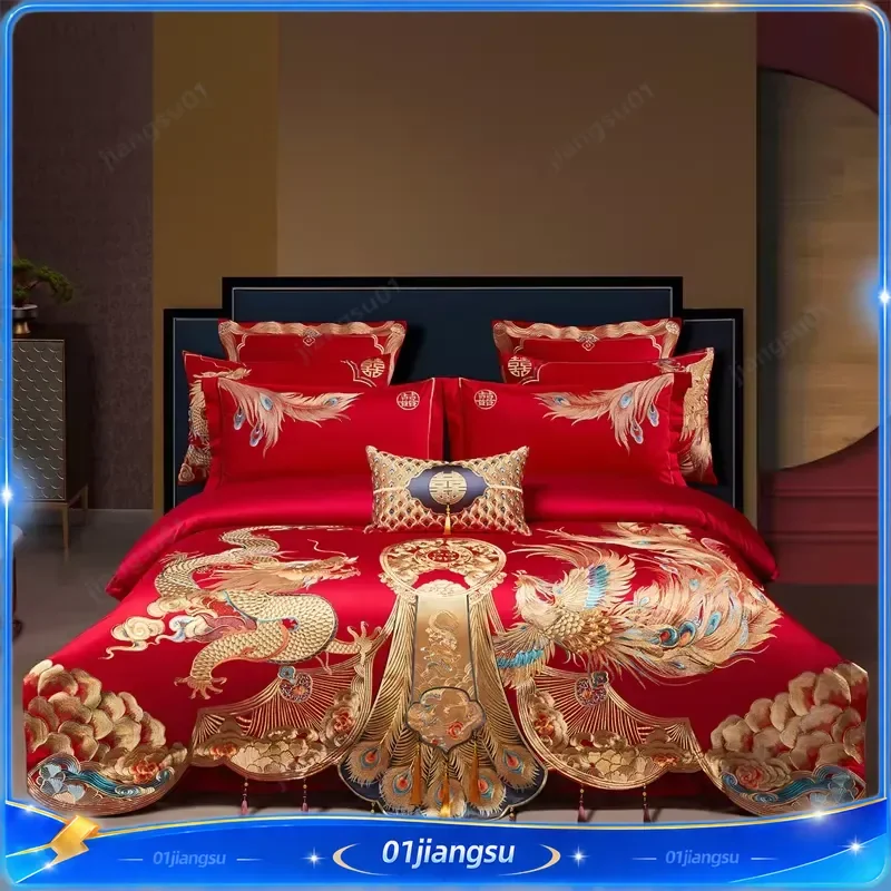 Luxury Gold Dragon Phoenix Embroidery Chinese Style Wedding Bedding Set 1000TC Egyptian Cotton Duvet Cover Bed Sheet
