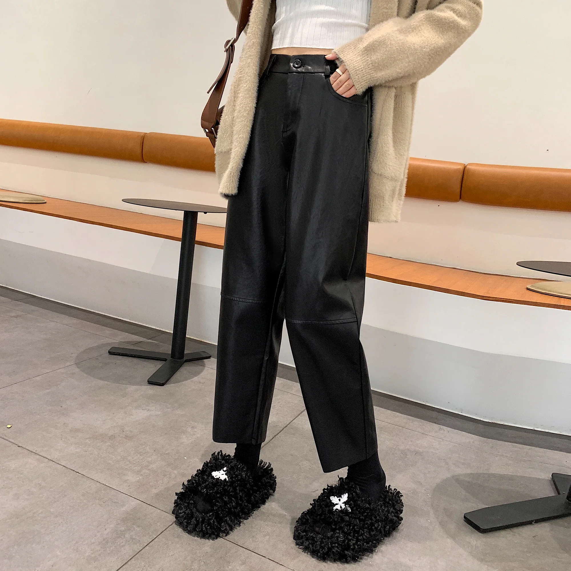 الخريف الشتاء بولي Leather الجلود خمر المرأة الكاحل طول السراويل 2024 جديد عالية الخصر سستة الأسود مستقيم السراويل جيوب الإناث