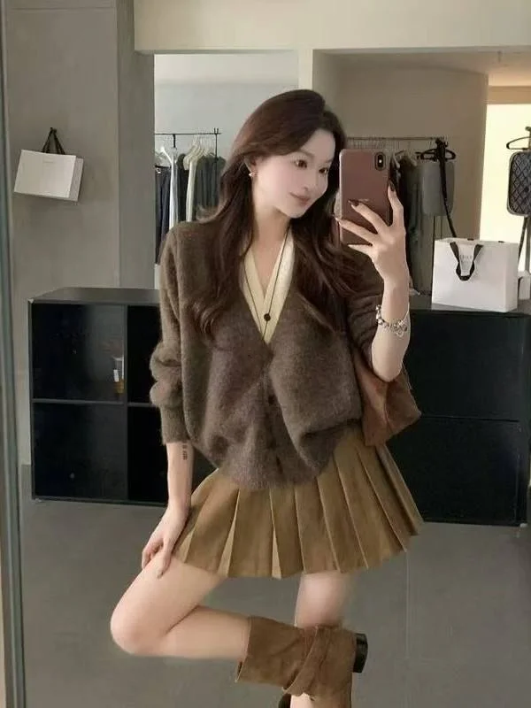 

V-Ne Knitted Open Cardigan Women's Spring Faion Sensation Loose Sweater Outerwear Coffee Color Blo Casual Sle