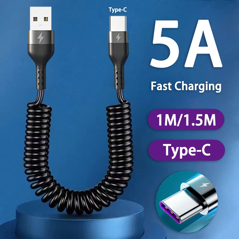 65W 5A Fast Charging Type C Cable Spring Telescopic Car Phone Charger USB Cable 3A Micro USB For Samsung Xiaomi Redmi POCO Honor