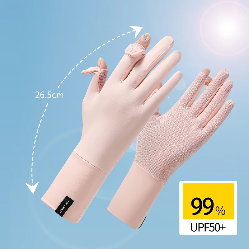 Ice Silk Gloves for Women Thin Summer Outdoor Cycling Flip-Top Fingertips Wrist-Extended Breathable UV Protection Elastic Gloves