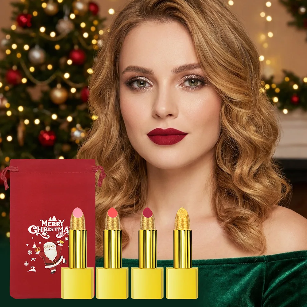Christmas Lipstick Gift Set Long Lasting Color Creative Imitation Metal Packaging Waterproof & Anti Smudging for Holiday Party