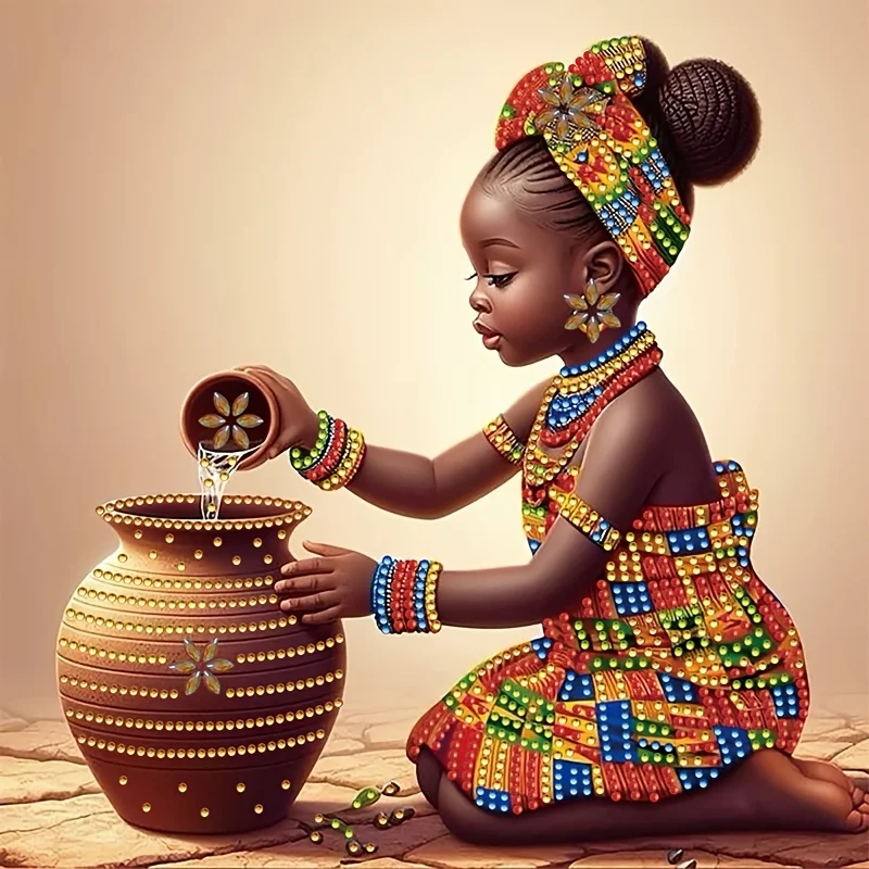 1PC, African Girl Ceramic Jar Pouring Water Diamond Painting Kit, Suitable for Beginners and Adults, 5D DIY Irregular Shape Rhin