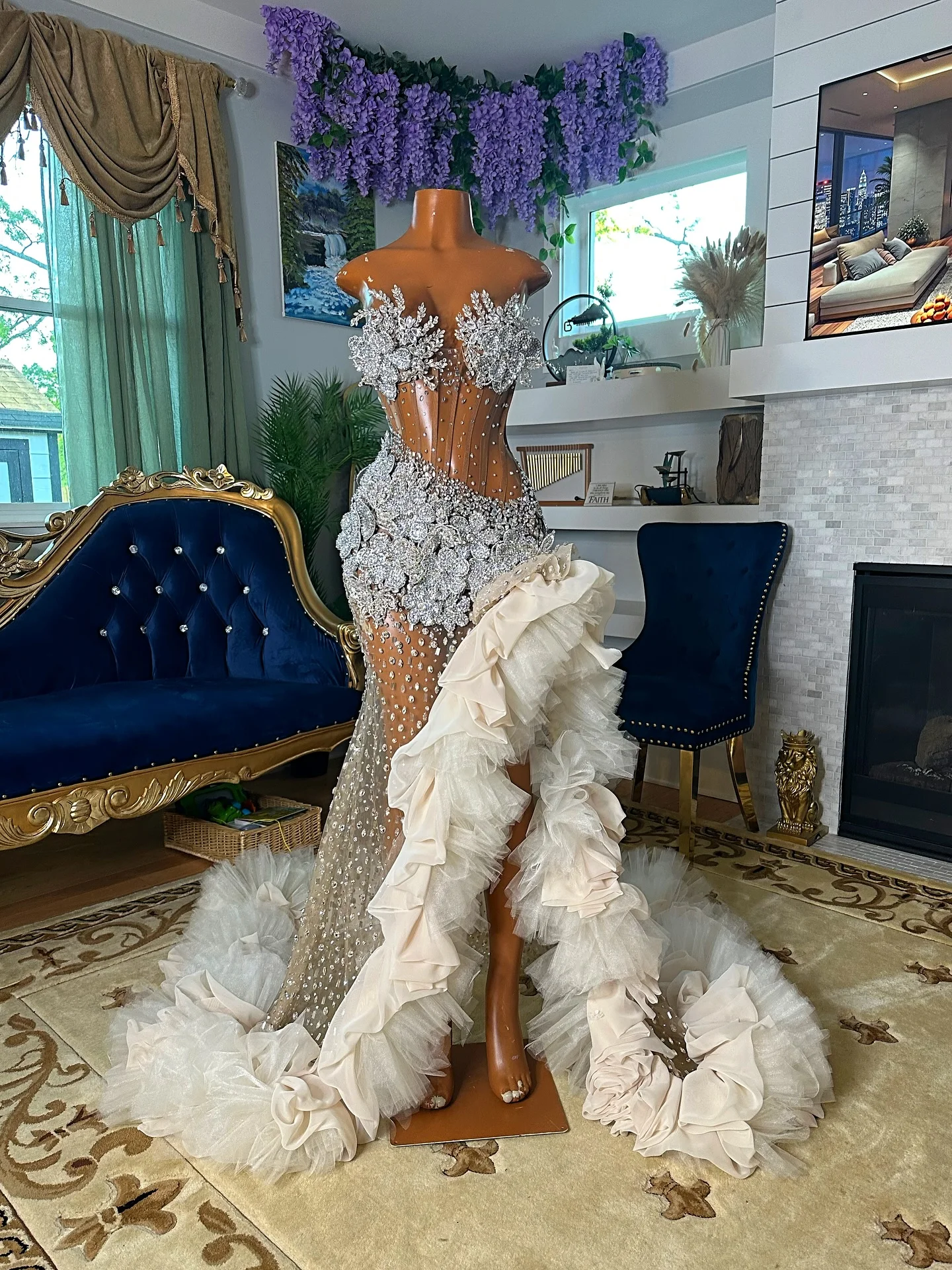 Robe de soirée de luxe en tulle floral perlé de cristal avec longue traîne voir à travers la maille robe de soirée formelle fente haute volants robes de bal