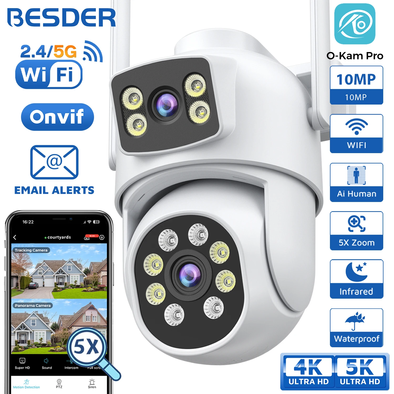 BESDER 8MP IP Camera Wifi 4K Dual Len Outdoor Auto Tracking Night Vision 5G HZ Wifi CCTV Surveillance Camera Security Protection