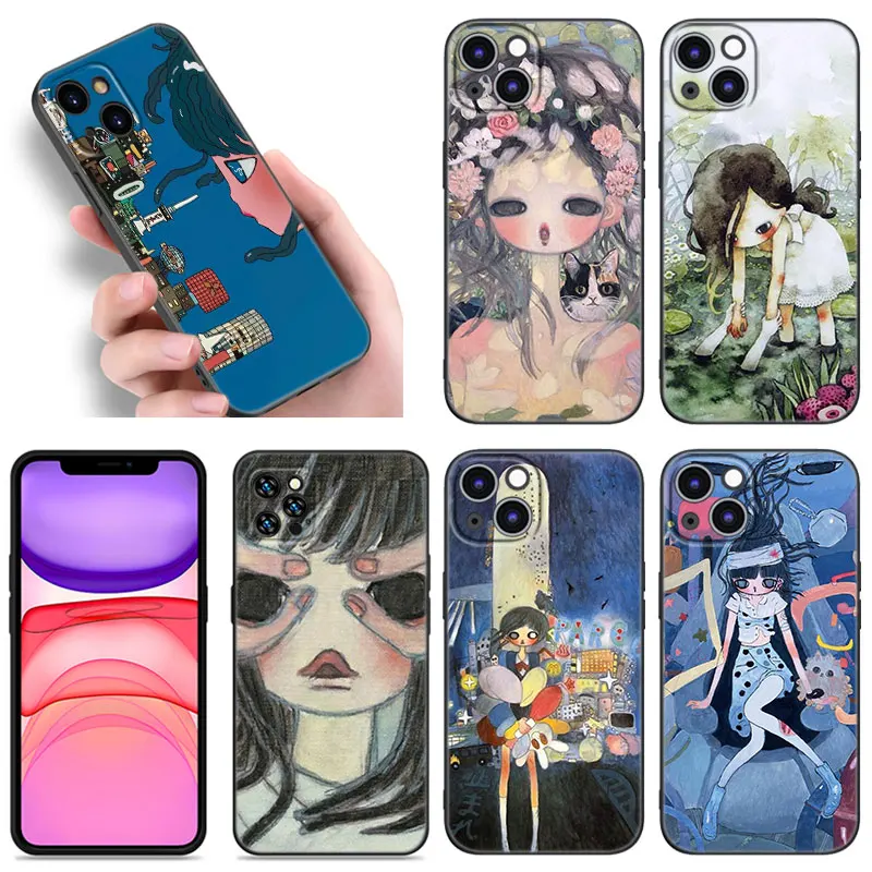 Aya Takano Black Silicone Phone Case For Apple iPhone 12 13 Mini 11 14 15 16 Pro Max 7 8 Plus