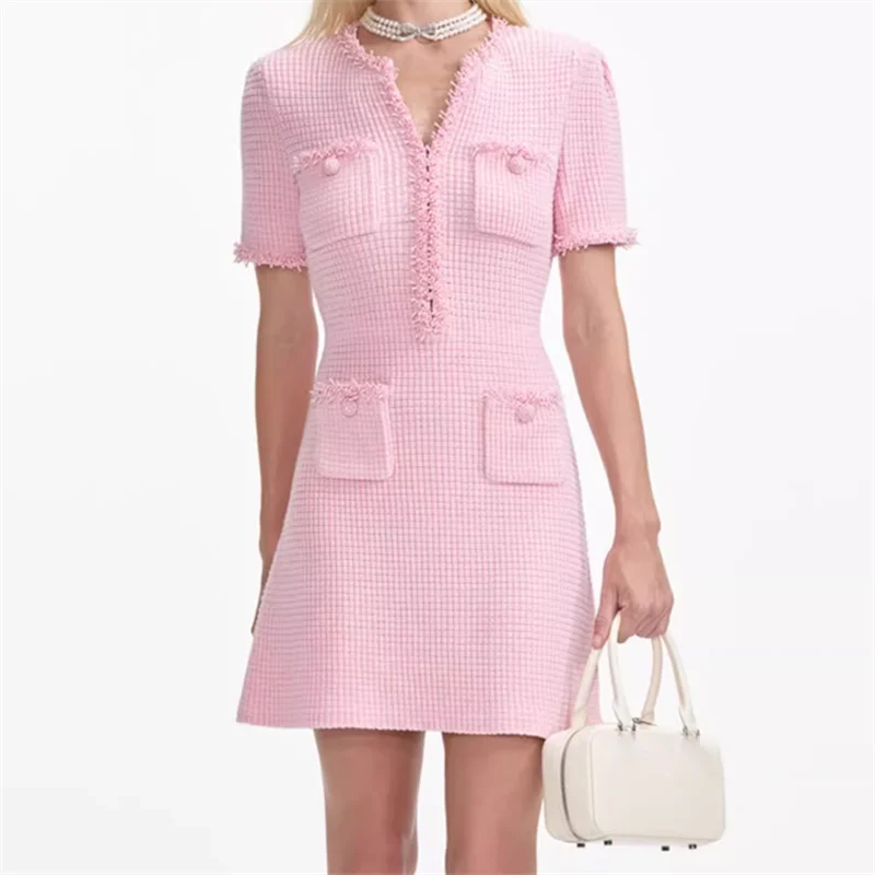 

elegant womens dresses New handmade bead decoration short sleeved mini dress for summer 2025 Elastic knitted slim short dresses