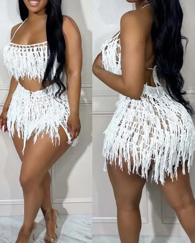 Sexy Lady Swimsuit Two-Piece Summer Solid Color Spaghetti Strap Knit Top and Tassel Summer Bikini Shorts Sets Women's Clothing