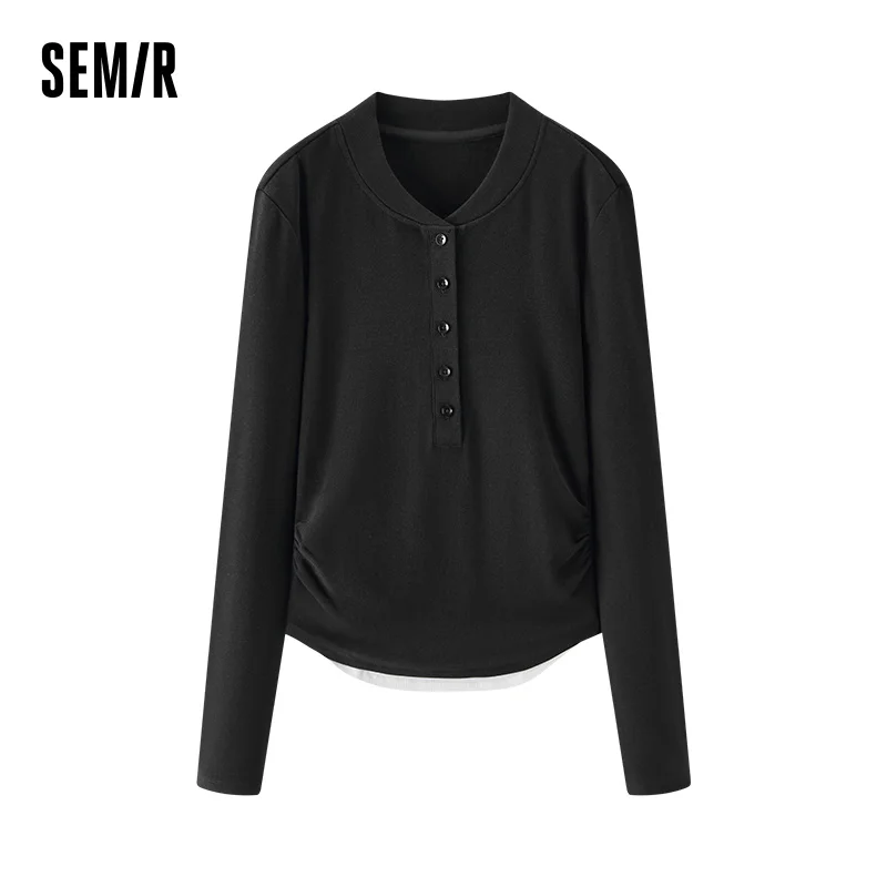 Semir Long Sleeve T-Shirt Women Cropped Thermal Fleece Layered Look Henley Neck Slim Fit Top 2025 Winter Basewear