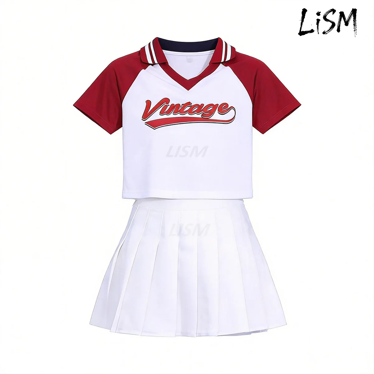 

Vintage Retro Cheerleading Uniform Set - Short Sleeve V-Neck Raglan Crop Top + High-Waisted Pleated Skirt for Women/Girls