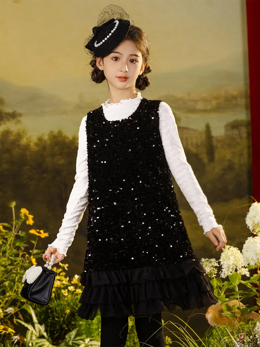 

Teen Girl Clothes Autumn Vest Dresses Black Patchwork Fashion Cute Kids Baby Girls Dress 110cm 160cm Sequin Shining Child Wear