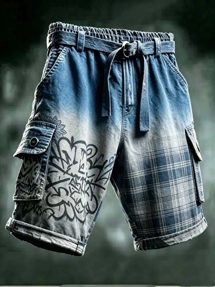 Mens Vintage Graffiti Print Plaid Cargo Shorts Loose Fit Streetwear Denim with Belt Patchwork